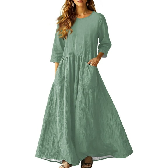 3/4 Sleeve Dress for Women Boho Maxi Dress 2025 Fall Casual Loose Long Maxi Dresses with Pockets Green 2XL