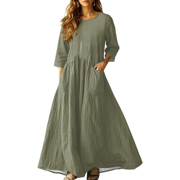 3/4 Sleeve Dress for Women Boho Maxi Dress 2025 Fall Casual Loose Long Maxi Dresses with Pockets Light Green S