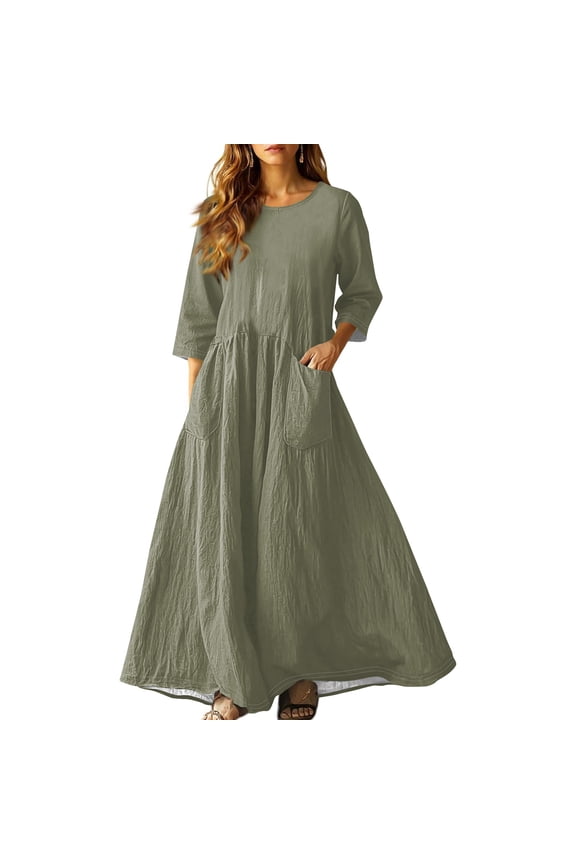 3/4 Sleeve Dress for Women Boho Maxi Dress 2025 Fall Casual Loose Long Maxi Dresses with Pockets Light Green XL