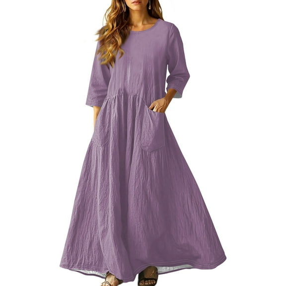 3/4 Sleeve Dress for Women Boho Maxi Dress 2025 Fall Casual Loose Long Maxi Dresses with Pockets Light Purple M