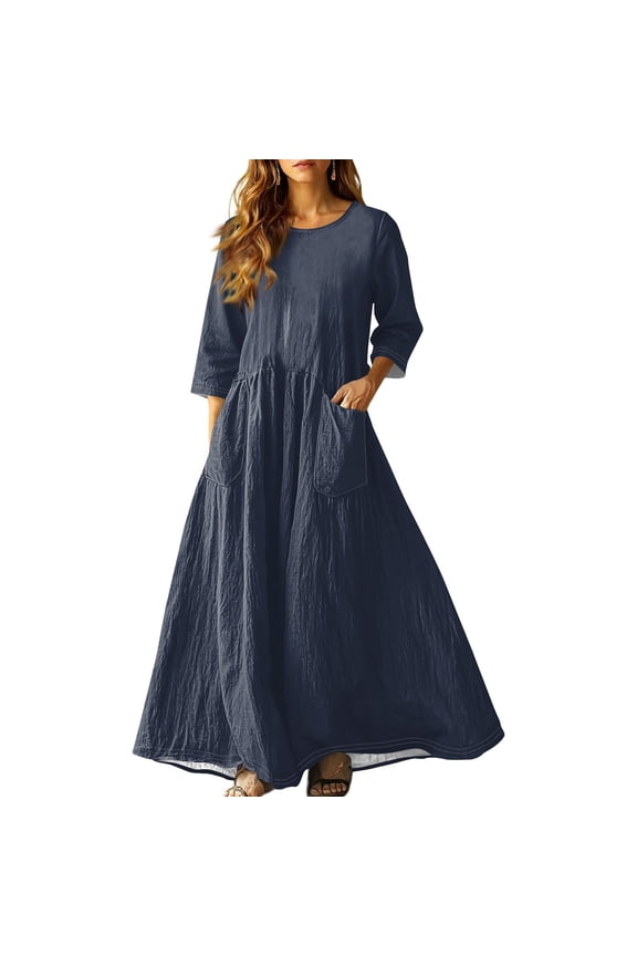 3/4 Sleeve Dress for Women Boho Maxi Dress 2025 Fall Casual Loose Long Maxi Dresses with Pockets Navy M