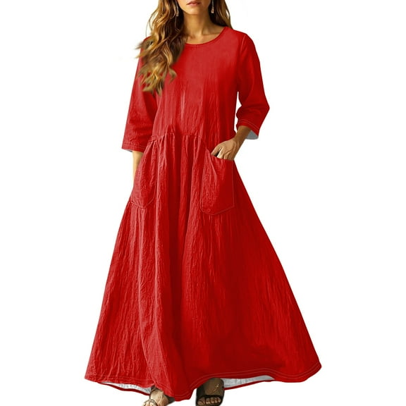 3/4 Sleeve Dress for Women Boho Maxi Dress 2025 Fall Casual Loose Long Maxi Dresses with Pockets Red M