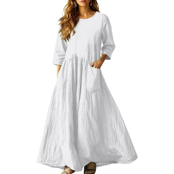 3/4 Sleeve Dress for Women Boho Maxi Dress 2025 Fall Casual Loose Long Maxi Dresses with Pockets White M