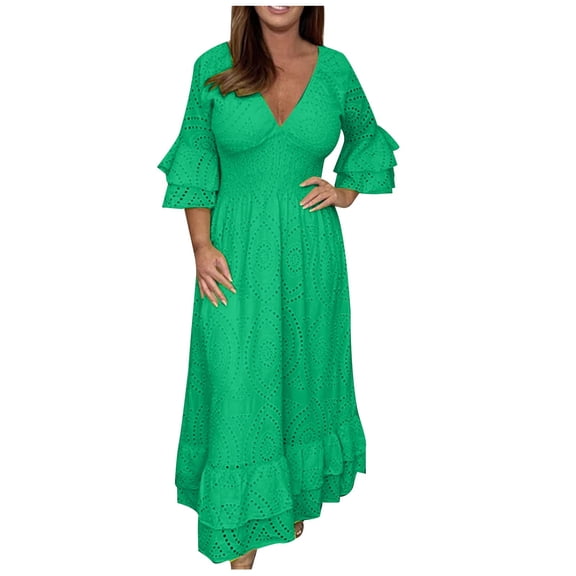 3/4 Sleeve Dress for Women Ruffle Layered Maxi Dresses Plus Size Deep V-Neck Ruffled Hem Sundress