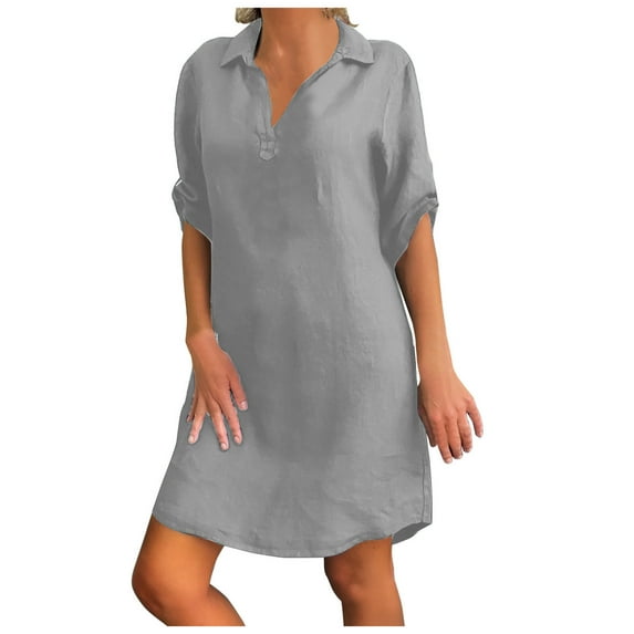 3/4 Sleeve Dresses for Women Fashion Casual T Shirt Loose Solid Color V Neck Dress Sundress