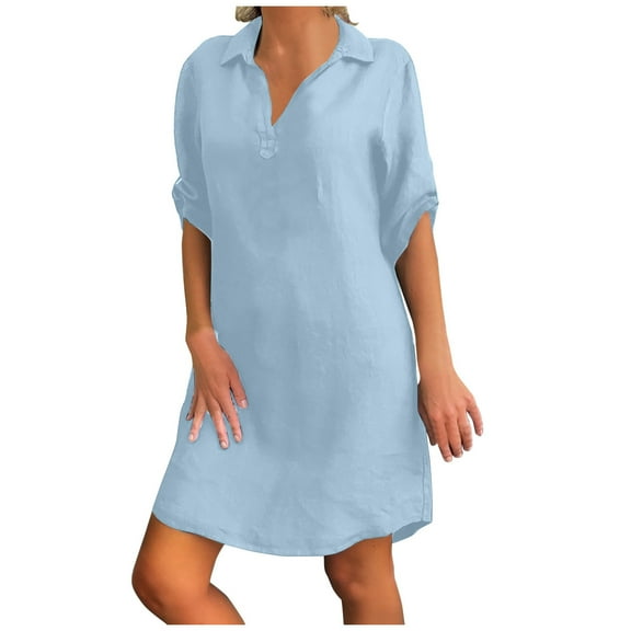 3/4 Sleeve Dresses for Women Fashion Casual T Shirt Loose Solid Color V Neck Dress Sundress