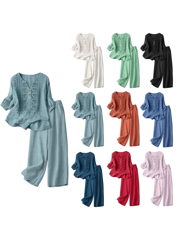 3/4 Sleeve Embroidered Linen Set for Women, V-Neck Cotton Blend Top & Wide Leg Cropped Pants 2 Piece Outfit - Boho Summer Vacation Lounge Co-ord Set Light Purple L