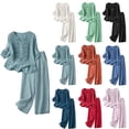 thumbnail image 1 of 3/4 Sleeve Embroidered Linen Set for Women, V-Neck Cotton Blend Top & Wide Leg Cropped Pants 2 Piece Outfit - Boho Summer Vacation Lounge Co-ord Set Saffron L, 1 of 8