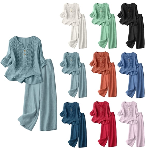 3/4 Sleeve Embroidered Linen Set for Women, V-Neck Cotton Blend Top & Wide Leg Cropped Pants 2 Piece Outfit - Boho Summer Vacation Lounge Co-ord Set Saffron L