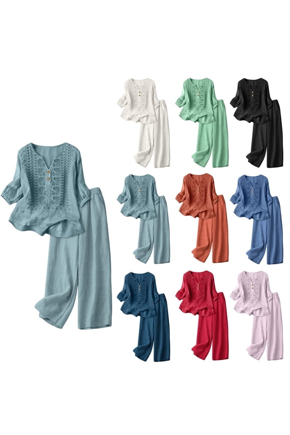 3/4 Sleeve Embroidered Linen Set for Women, V-Neck Cotton Blend Top & Wide Leg Cropped Pants 2 Piece Outfit - Boho Summer Vacation Lounge Co-ord Set Wine XL