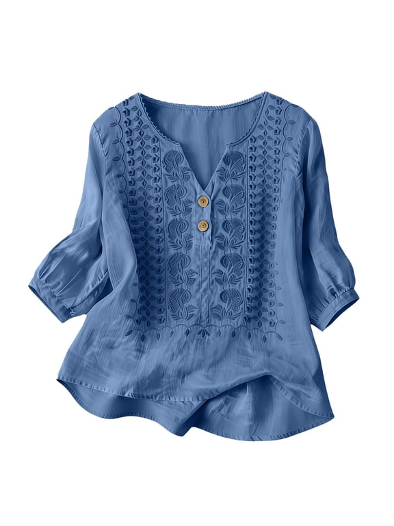 3/4 Sleeve Embroidered Linen Shirts for Women Button V Neck Loose Business Casual Tops Dressy Office Blouses