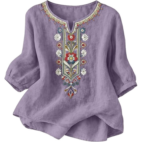 3/4 Sleeve Embroidered Tops for Women Summer Spring Dressy Casual Plus Size Cotton Linen Shirts Bohemian V Neck Tunic Peasant Fashion Blouses Clothes