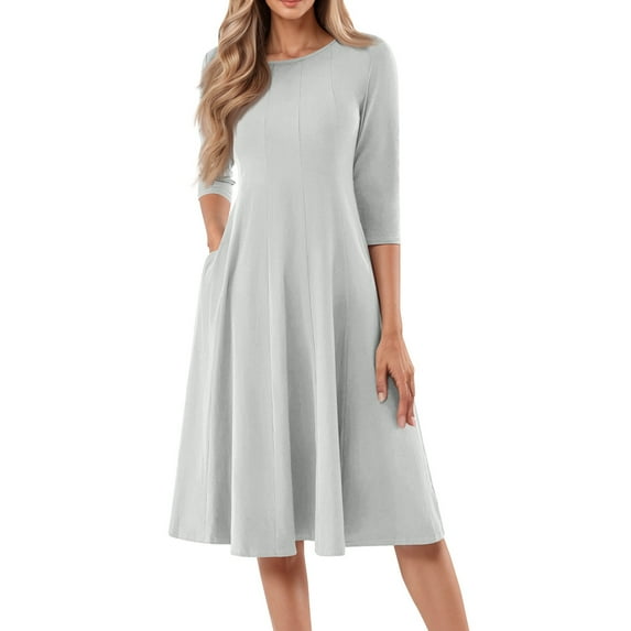 3/4 Sleeve Fit and Flare Dresses for Women Solid Color A Line Flowy Dress Crew Neck Casual Midi Dress with Pockets