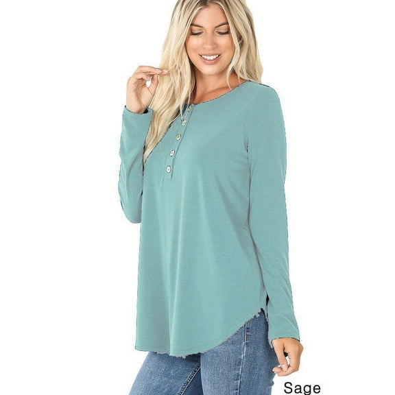 3/4 Sleeve Five Front Buttons Top With Curved Hem