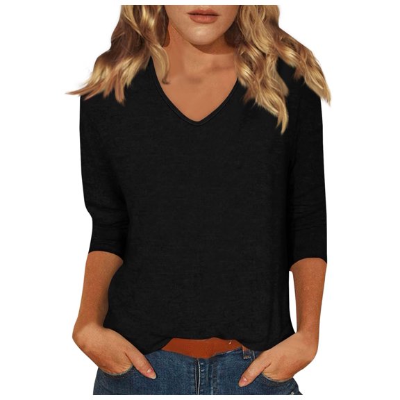 3/4 Sleeve For Women V Neck Fashion Solid Color Top Beach Vacation Clothes Business Casual Shirt
