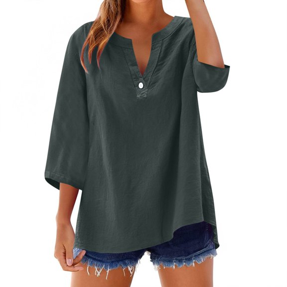 3/4 Sleeve Gauze Tops for Women Cotton Linen Shirt One Button V-Neck Loose Fit Pullover Blouse