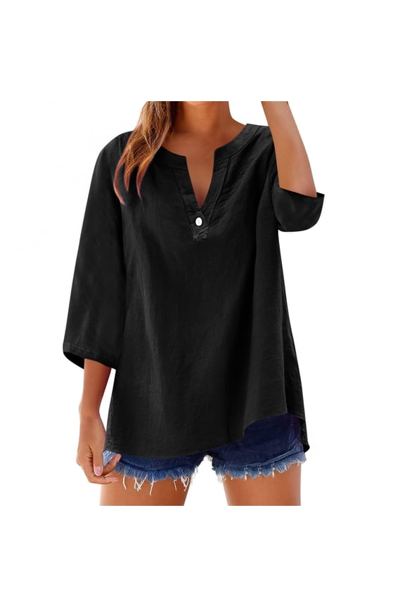 3/4 Sleeve Gauze Tops for Women Cotton Linen Shirt One Button V-Neck Loose Fit Pullover Blouse