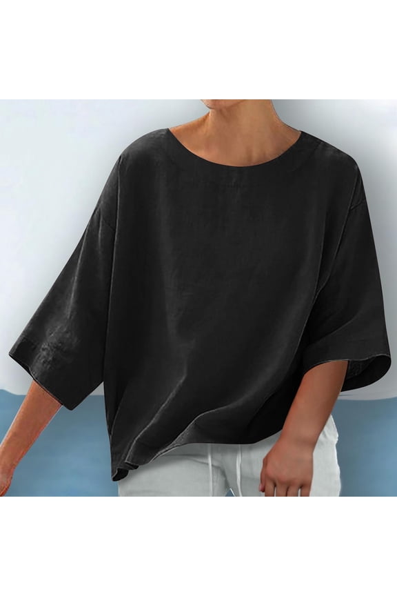 3/4 Sleeve Gauze Tops for Women Lightweight Shirt Crew Neck Loose Fit Pullover Blouse for Beach Vacation