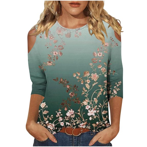 3/4 Sleeve Gradient Tops Crew Neck Loose Fit Casual Summer Fall Spring Tee Shirts for Women Trendy Tshirts (XL, Blue 02)