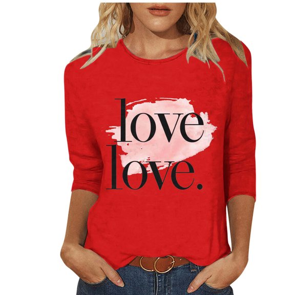 3/4 Sleeve Graphic Tees Womens Valentines Day Heart Red Tops for Women Casual Crewneck Cute Going Out Valentine Tshirts, 4XL