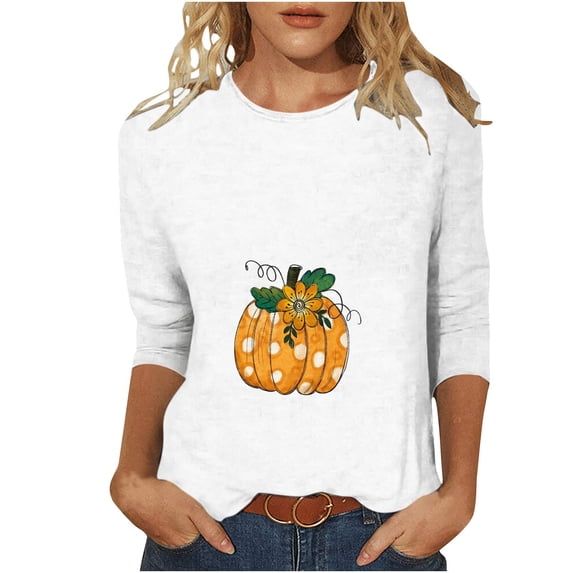 3/4 Sleeve Halloween Tops for Women,2023 3/4 Length Sleeeve Blouse Tops for Women Halloween Printed T Shirts Fall Round Neck Sweatshirt Pumpkin Theme Pattern Lightweight Pullover Top