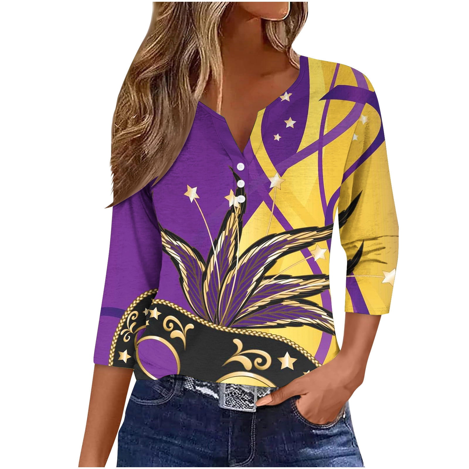 3/4 Sleeve Henley Neck Shirts for Women Shiny Color Block Tunic Tops