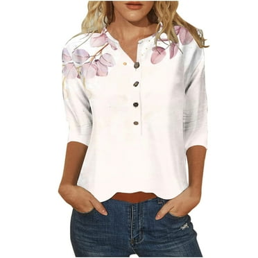 3/4 Sleeve Henley Shirts for Women Floral Graphic Printed Quarter Button up Pullover Tops Fall Casual Tee Tshirt (X-Large, White 02)
