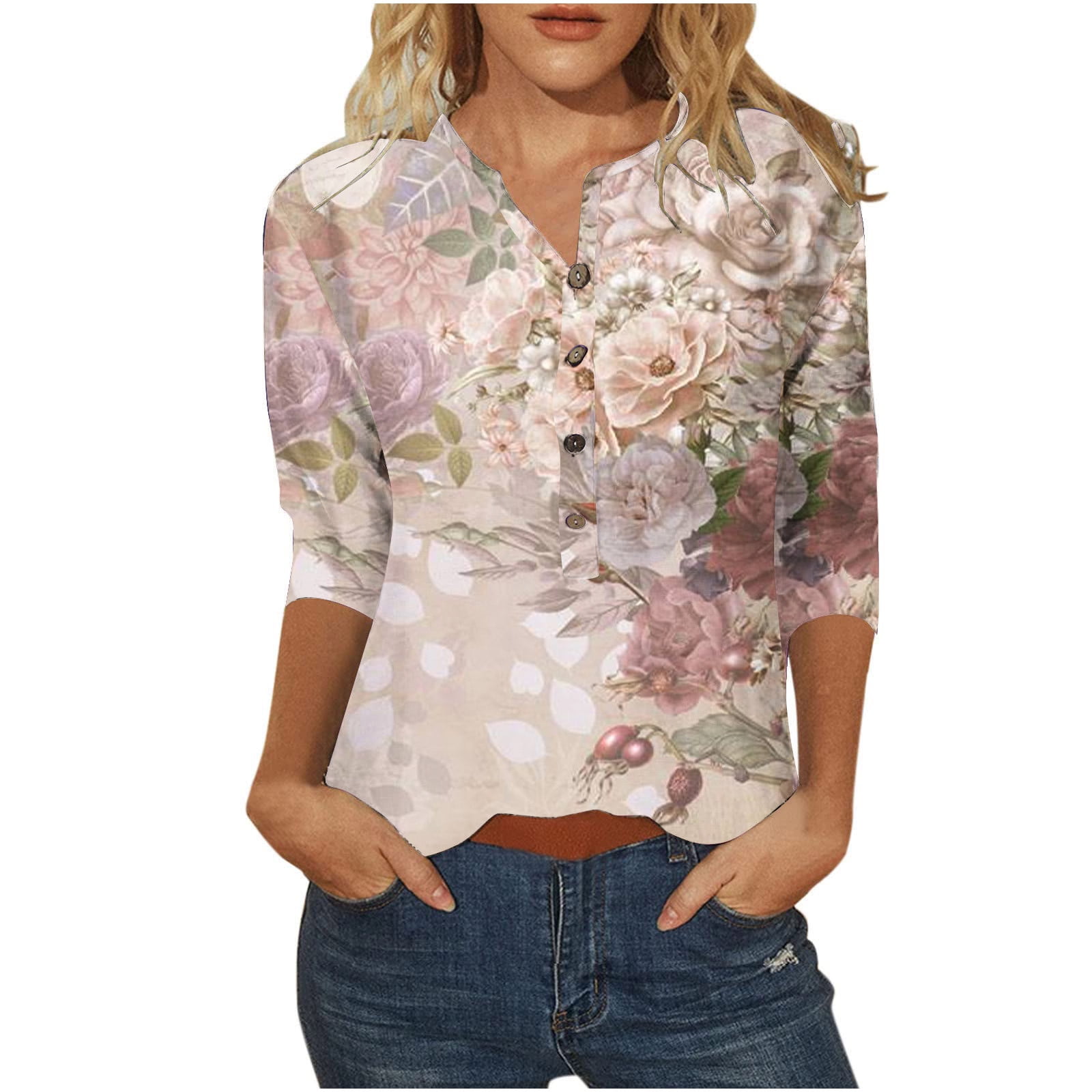 Women Beige & Brown Graphic Print 3/4 Sleeve Top main image 1