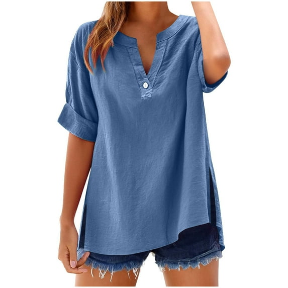 3/4 Sleeve Henley Tops for Women Summer V Neck Button Side Split Plus Size Shirts Dressy Loose Fit Casual Blouses S-5XL