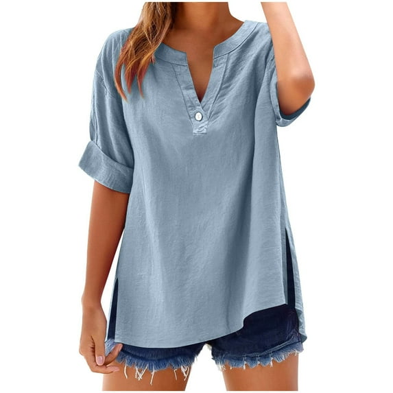 3/4 Sleeve Henley Tops for Women Summer V Neck Button Side Split Plus Size Shirts Dressy Loose Fit Casual Blouses S-5XL