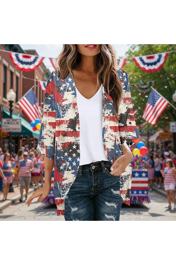 3/4 Sleeve Jacket Women Independence Day Cardigan Lightweight UV Protection Coats for Women Fall Patriotic Tunic Open Neck American Flag Tops