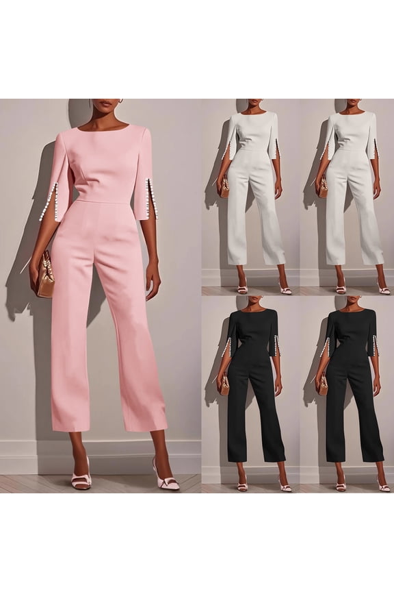 3/4 Sleeve Jumpsuit Pants for Women, Casual Solid Color Round Neck Romper, Lounge Wear Summer Outfit, One Piece Playsuit, Mother's Day Gifts | CSEONE,Pink XL