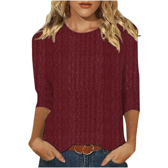 3/4 Sleeve Knitted Sweater for Women, Loose Round-Neck Pullover Tops, Fall Casual Outerwear Tops