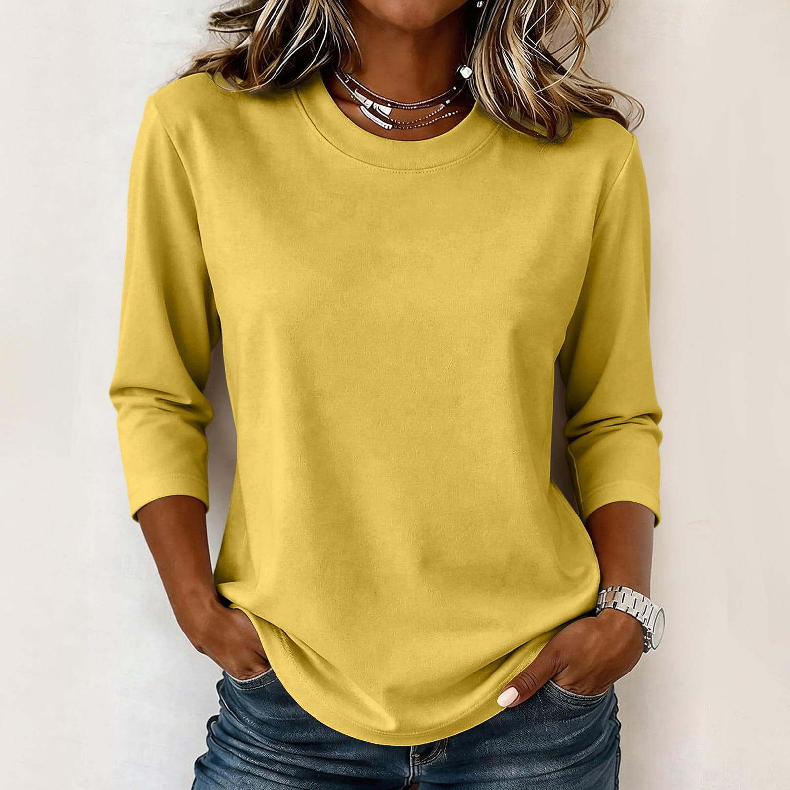 3/4 Sleeve Length Tops Womens Shirts Round Neck Loose Casual Blouses ...