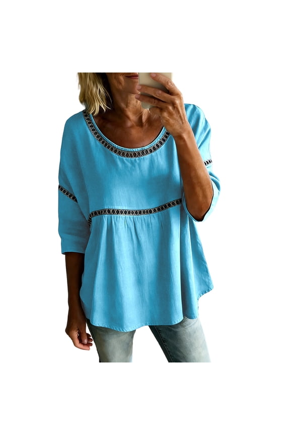 3/4 Sleeve Length Tops for Women Lace Patch Casual Dressy Blouses Vintage Trendy Shirts Round Neck Loose Fit Tunic