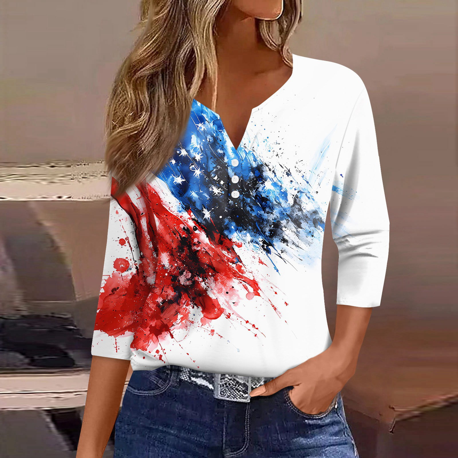 3/4 Sleeve Length Womens Tops 250 Anniversary USA Flag Printed V Neck ...