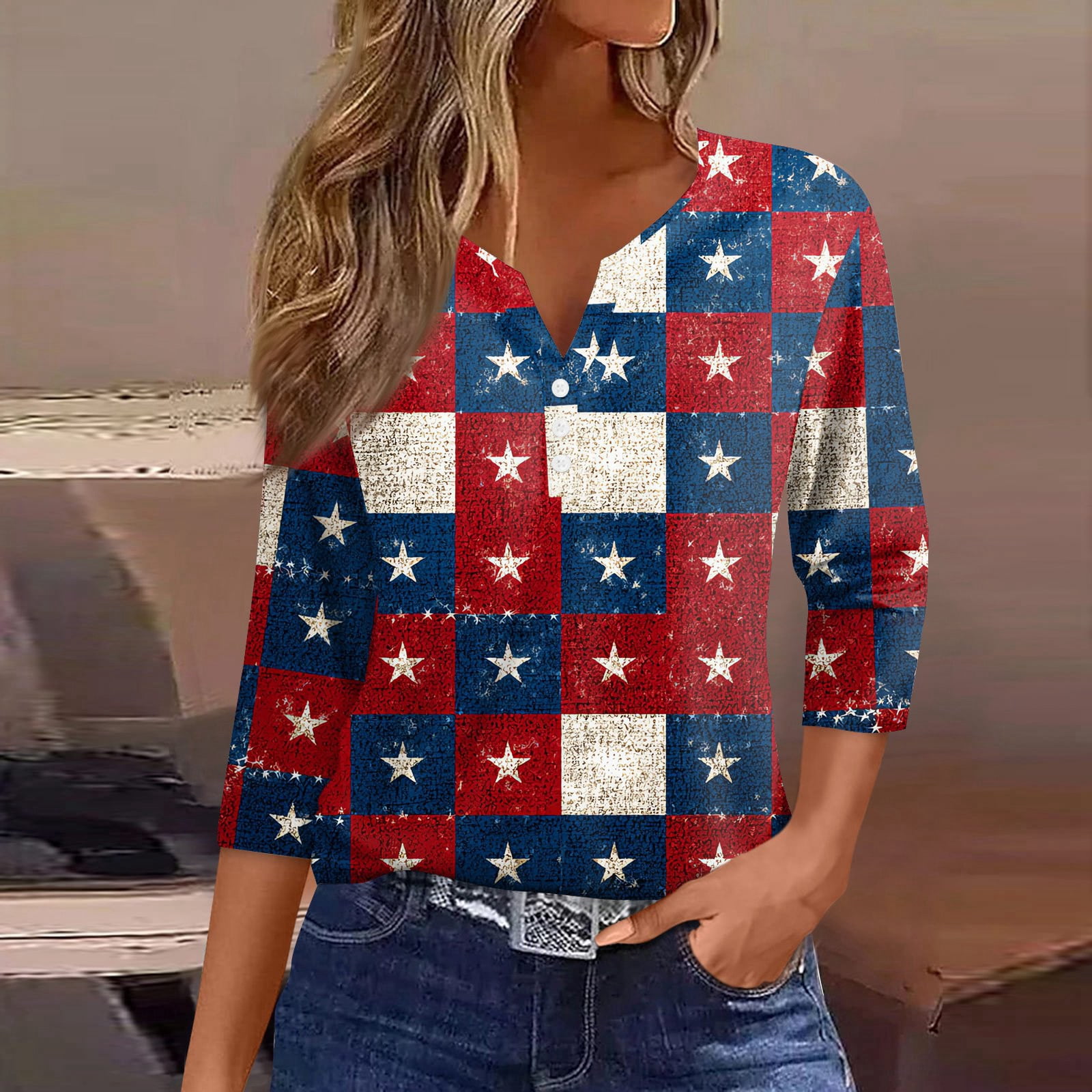 3/4 Sleeve Length Womens Tops 250 Anniversary USA Flag Printed V Neck ...