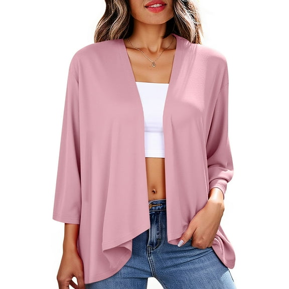 3/4 Sleeve Lightweight Cardigan for Women Open Front Loose Fit Ruffle Breathable Shirts