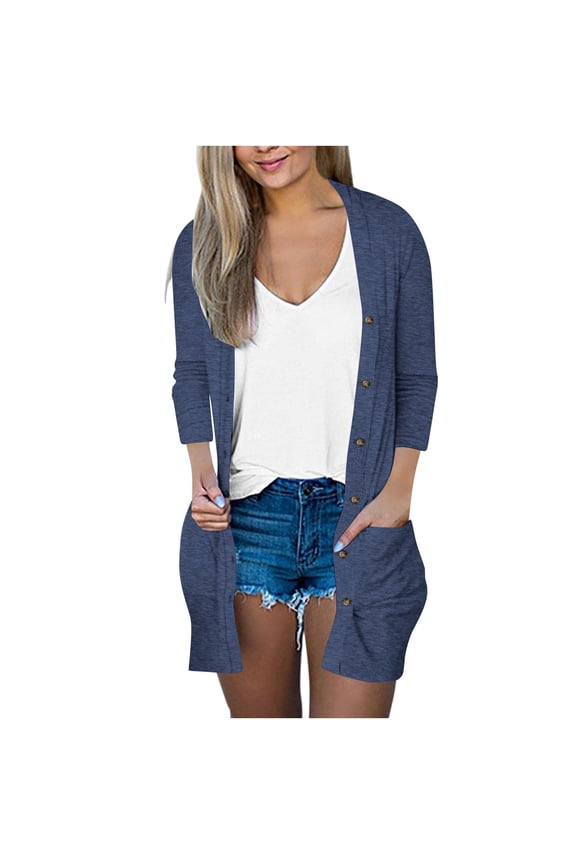 3/4 Sleeve Lightweight Cardigans for Women with Pockets Button Down Open Front Fall Spring Casual Outerwear Blouses (3XL, Dark Blue)
