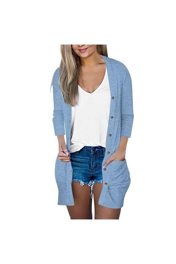 3/4 Sleeve Lightweight Cardigans for Women with Pockets Button Down Open Front Fall Spring Casual Outerwear Blouses (S, Blue)