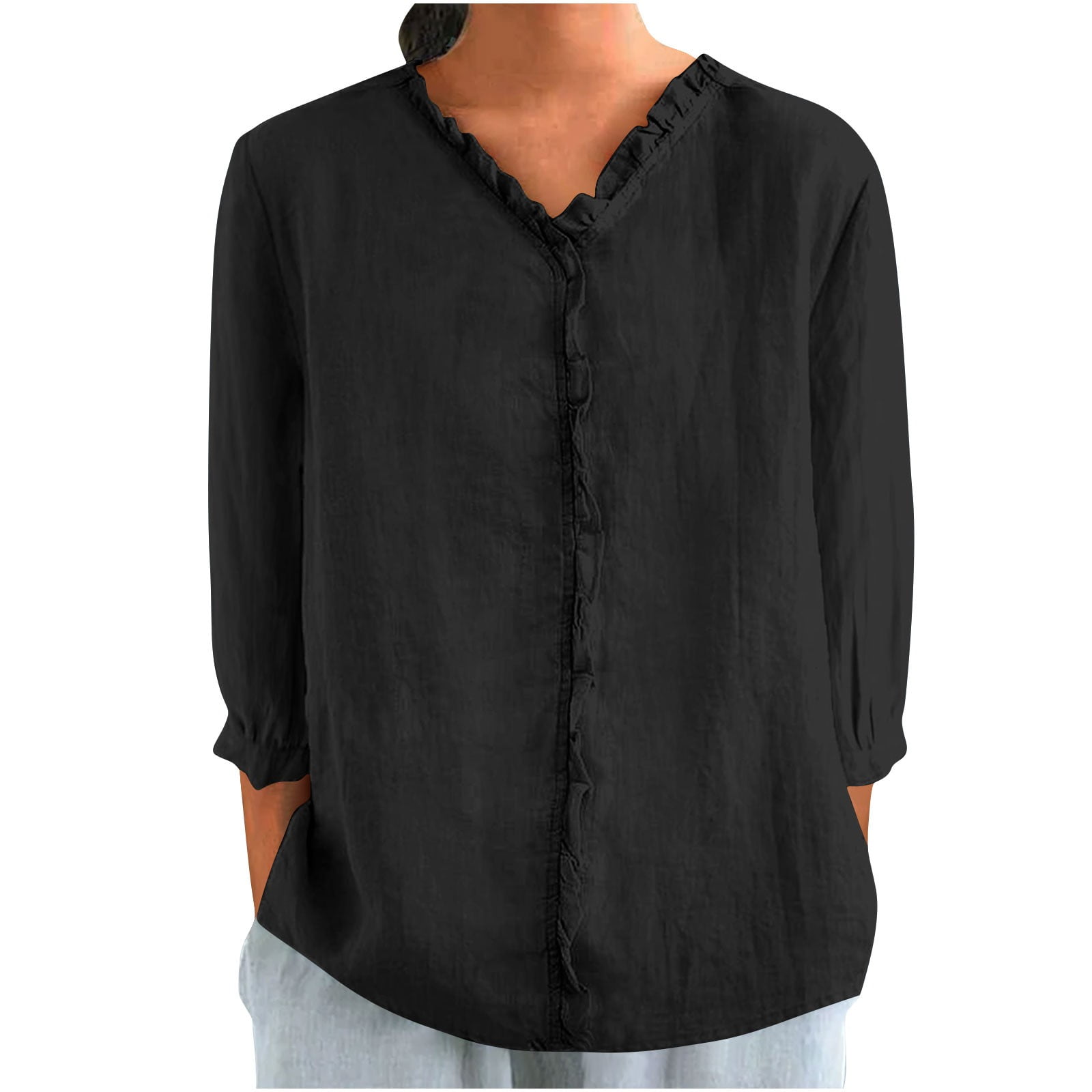 3/4 Sleeve Linen Shirts Women's Cotton Linen Button Ruffled Shirts 2025 ...
