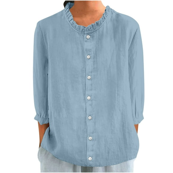 3/4 Sleeve Linen Shirts Women's Cotton Linen Button Ruffled Shirts 2025 Summer Loose Stand Collar Casual Boho shirt