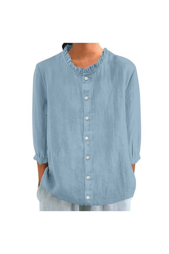 3/4 Sleeve Linen Shirts Women's Cotton Linen Button Ruffled Shirts 2025 Summer Loose Stand Collar Casual Boho shirt