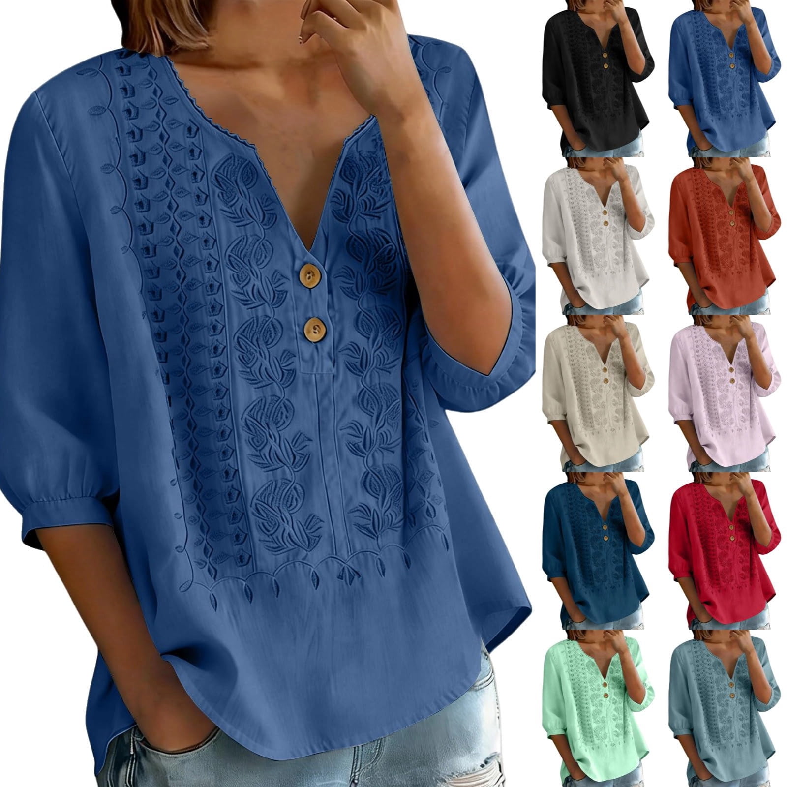 3/4 Sleeve Linen Tops For Women Embroidered Bohemian Shirts V Neck Boho ...