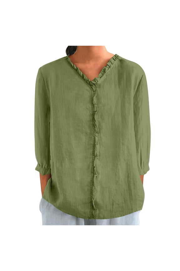 3/4 Sleeve Linen Tops Women's Cotton Linen Tee Shirts Button Ruffled T-Shirts 2025 Summer Loose Relaxed Fit Blouses Stand Collar Casual Boho Top