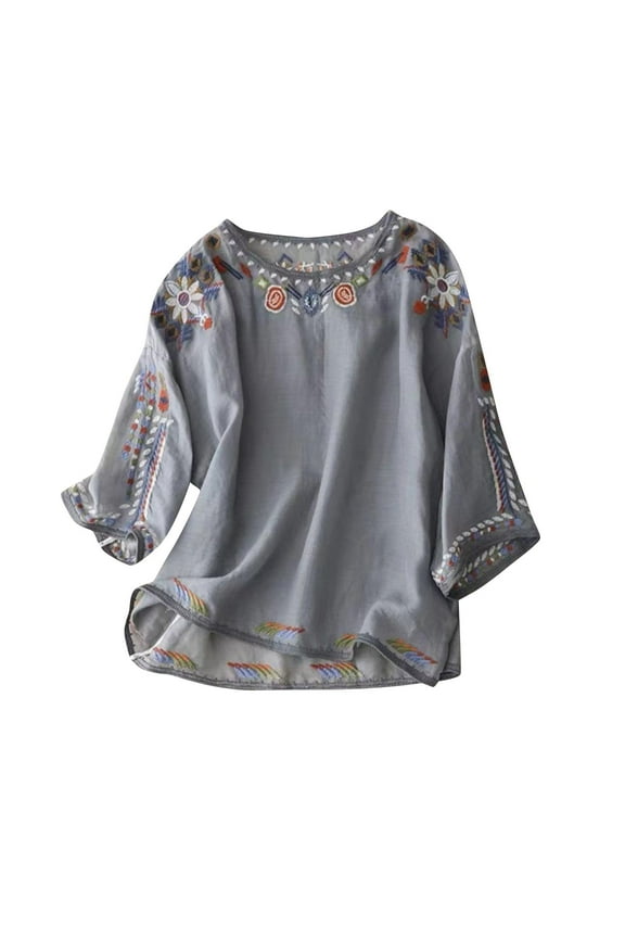 3/4 Sleeve Linen Tops for Women Mexican Embroidered Tops Peasant Blouse Boho Round Neck Shirts Bohemian Casual Tunic