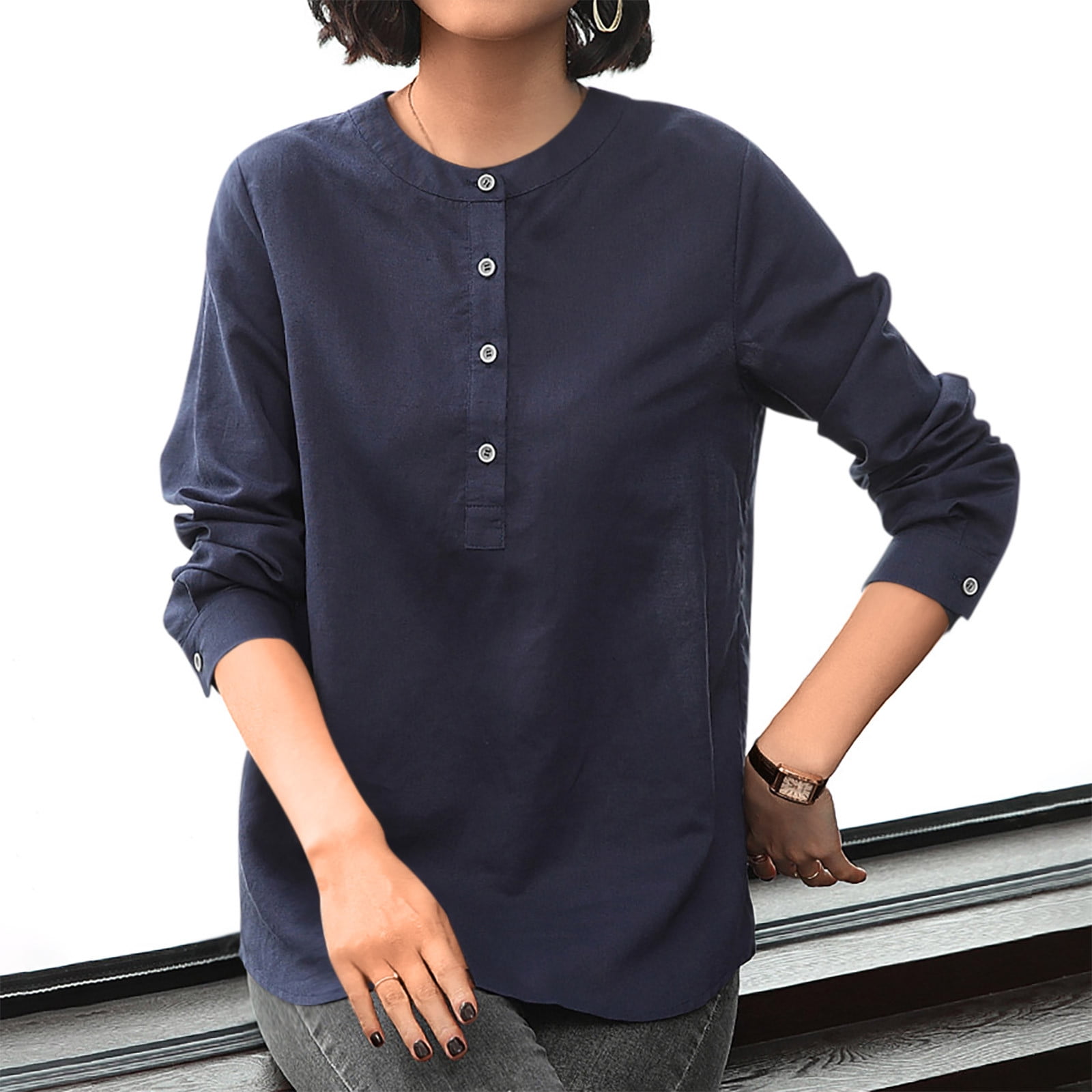 3/4 Sleeve Linen Tops for Women V Neck Buttons Shirt Casual Lightweight ...