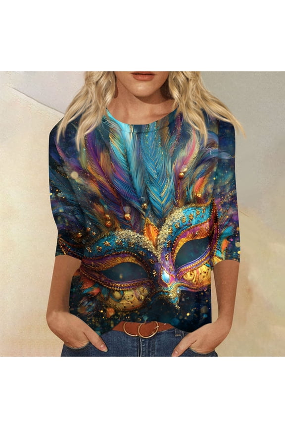 3/4 Sleeve Mar-di Gras Graphic Tees for Women Mask Print Tops Dressy Casual Round Neck Loose Trendy Carnival Themed T-Shirts