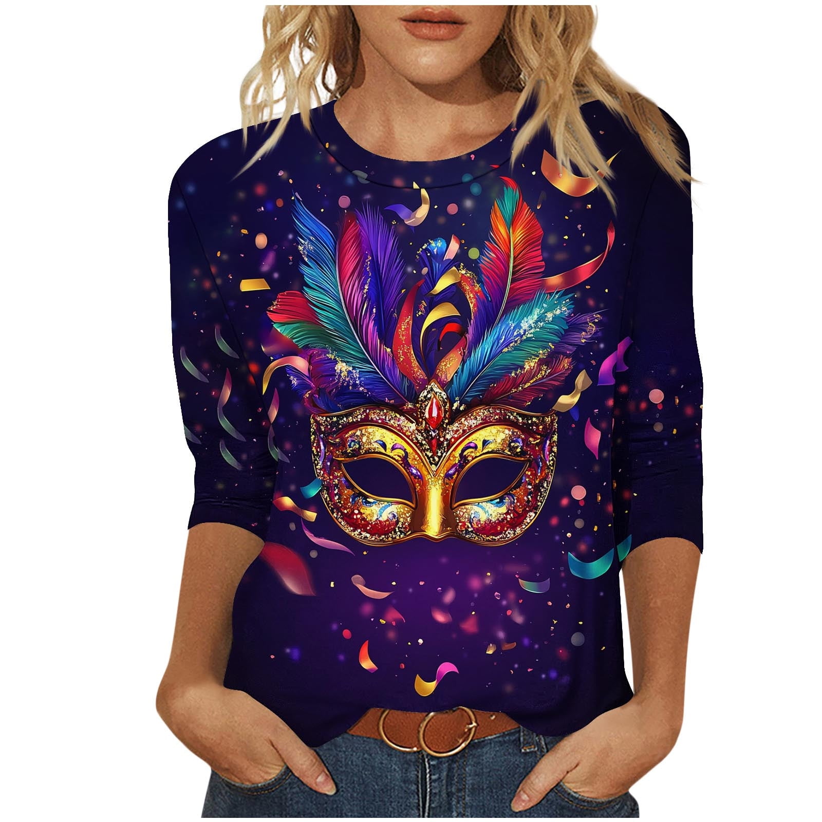 3/4 Sleeve Mardi Gras Outfit for Women 2025 Funny Holiday Party Shirts