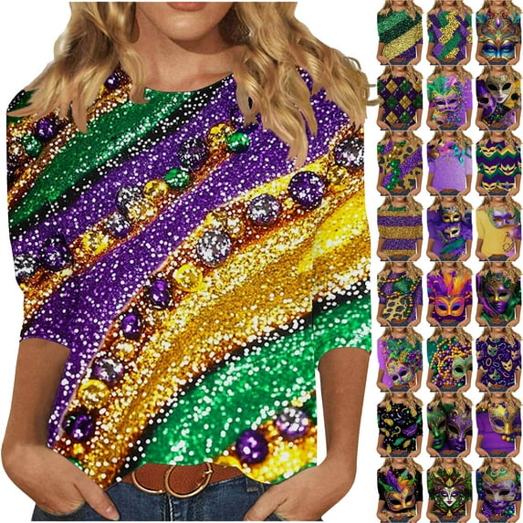 3/4 Sleeve Mardi Gras Outfit for Women Casual Lightweight Party Shirt Crewneck Carnival Tops Stretchy Soft Loose T-Shirts Gold Tops,Size S-5XL